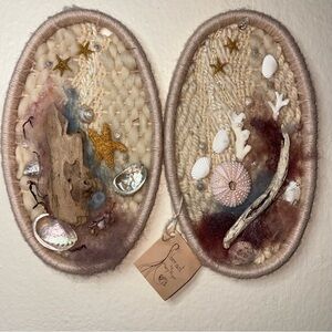 Hand made beach decor seashell and woven sheep fiber art by Mary Pryor Boho Art